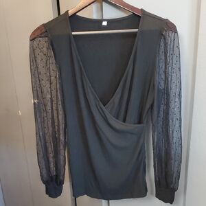 Elegant Black V-neck Sheer Lace Polka Dot Sleeve Women's Top